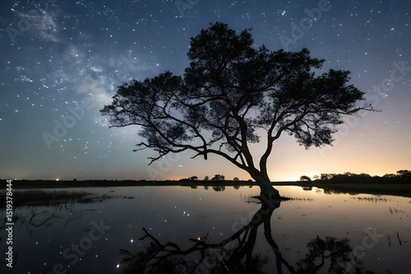 Obraz Silhouette of a Tree Reflecting in Dark Water Under a Starry Night Sky