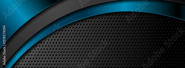 Obraz Blue and black abstract glossy waves on perforated background. Technology vector banner design