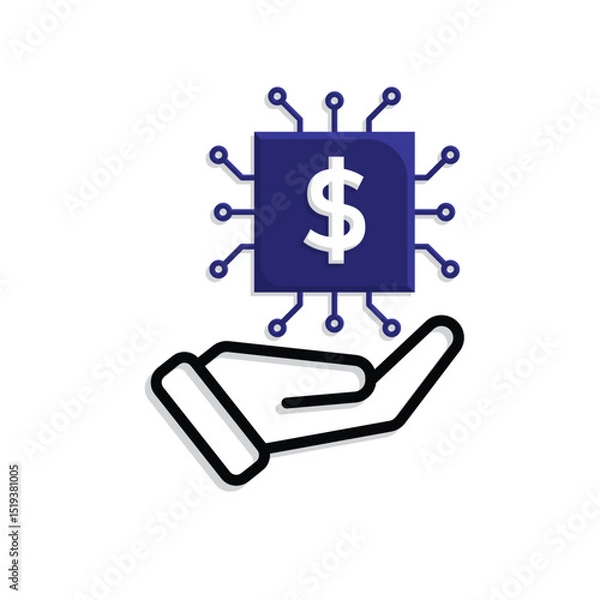 Fototapeta Technology icon. AI in Finance in hand. Chip with dollar symbol. Depicts automation, future, artificial intelligence. Mixed design style