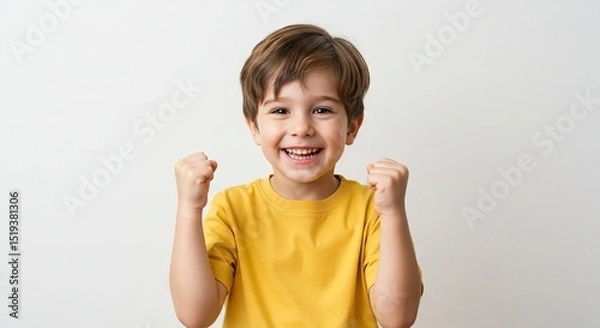 Fototapeta Excited Little Boy Cheering with Fists Raised in Celebration Indoors