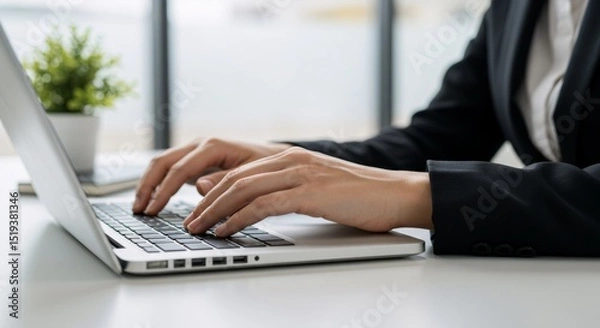 Fototapeta Woman typing on laptop keyboard at office desk. Businesswoman hands at computer. Online work and remote communication.