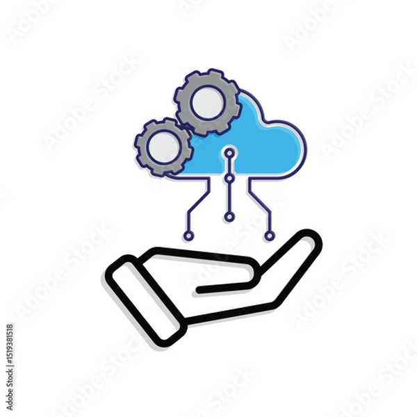 Obraz Technology icon. Automatic Cloud computing in hand. Cloud and nodes with gears. Depicts automation, artificial intelligence. Mixed design style