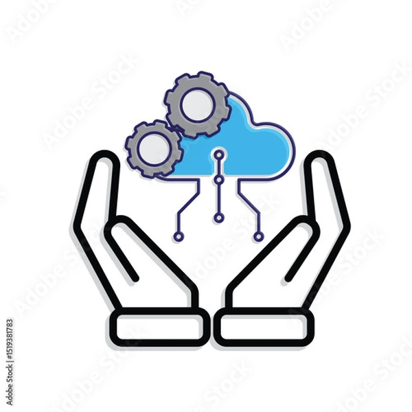 Obraz Technology icon. Automatic Cloud computing in hand. Cloud and nodes with gears. Depicts automation, artificial intelligence. Mixed design style
