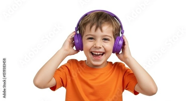 Fototapeta Happy Boy Listening to Music with Purple Headphones Smiling Wide