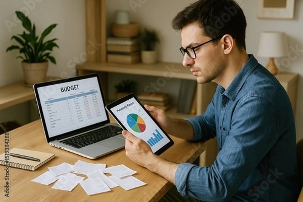 Fototapeta Financial planning helps achieve long-term financial stability and goals. Efficient workspace with man analyzing financial data on tablet, surrounded by budget sheets and laptop.