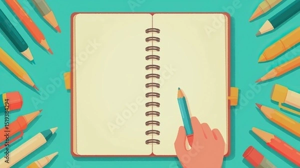 Fototapeta Hand holding pencil is poised above blank notebook, surrounded by colorful art supplies like crayons and markers, inviting creativity
