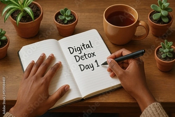 Fototapeta Digital Detox Day 1 is written in notebook, surrounded by potted plants and cup of tea, symbolizing fresh start and mindfulness