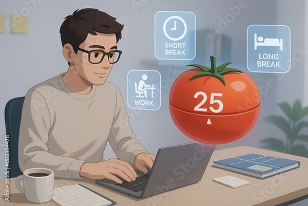 Obraz Person working on laptop with floating Pomodoro timer, symbolizing productivity and time management. scene conveys focus and efficiency