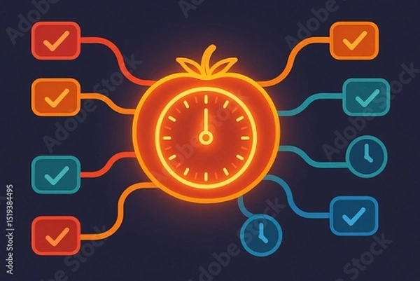 Fototapeta Glowing Pomodoro timer shaped like tomato, surrounded by colorful checkboxes and clocks, symbolizes productivity and time management