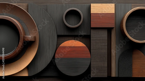 Obraz Minimalist wooden desk with abstract office items, clean workspace composition. Simplicity and modern efficiency in a tidy work environment.