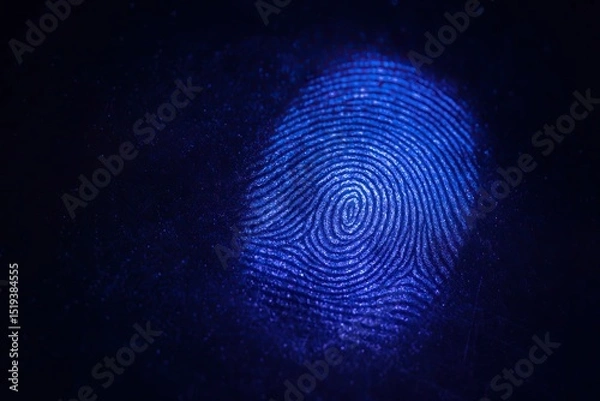 Fototapeta Forensic science links crime scenes to evidence in the forensic lab. Glowing forensic fingerprint illuminated ultraviolet light, showcasing intricate details and patterns. 