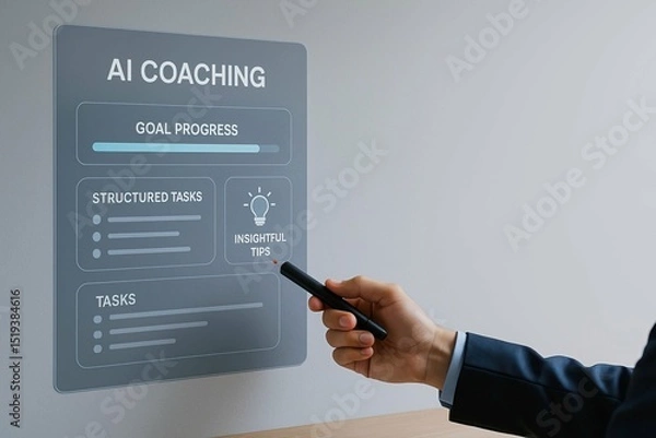 Obraz AI-powered coaching personalizes growth through smart, data-driven insights. AI coaching interface displaying goal progress, structured tasks, and insightful tips,