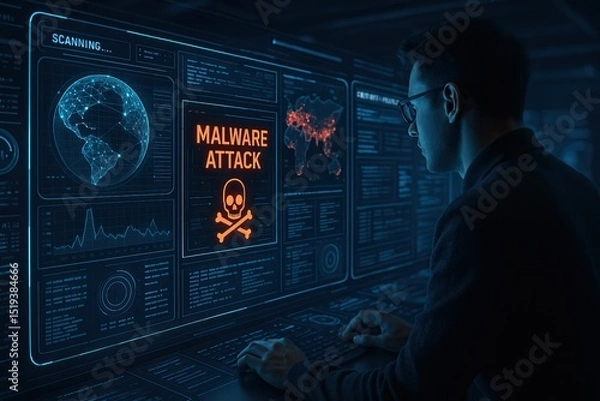 Fototapeta Malware exploits pose serious cybersecurity threats. Person analyzing cybersecurity threats on digital interface, focusing on malware attack alert. atmosphere conveys urgency and concern