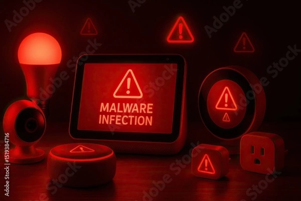 Fototapeta Malware exploits pose serious cybersecurity threats. Malware infection warning displayed on digital screen surrounded by various smart devices emitting red light, creating tense atmosphere