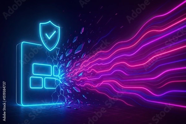 Fototapeta Malware exploits pose serious cybersecurity threats. Digital representation of cybersecurity with glowing shield symbolizing protection, while vibrant lines burst outward, illustrating concept
