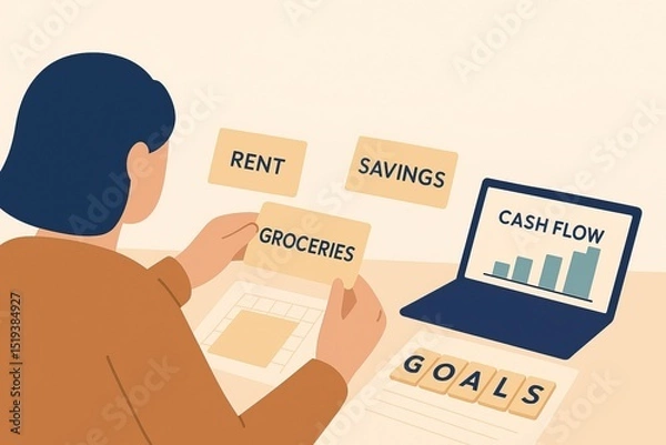 Fototapeta Financial planning helps achieve long-term financial stability and goals. Financial planning involves managing rent, savings, groceries, and cash flow to achieve financial goals effectively