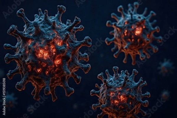 Obraz Neuroanatomy explores synapse structure and brain function. Microscopic view of virus particles showcasing intricate structures and glowing features,