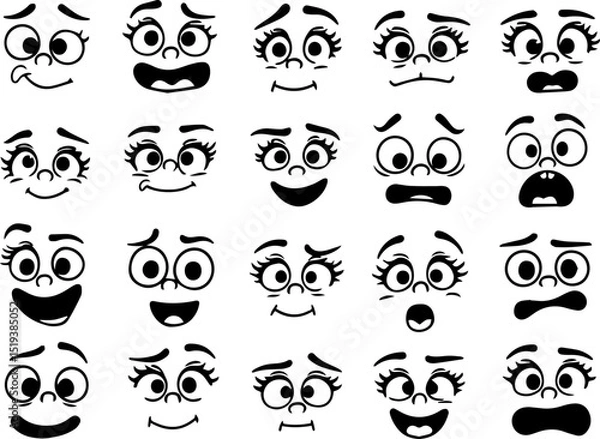 Fototapeta Cartoon retro faces. Vintage emotional face with mascot characters funny faces , eyes and mouths elements.