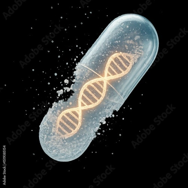 Fototapeta Pharmaceutical capsules deliver gene therapies with precision. Transparent capsule filled with bubbles showcases glowing DNA strand inside, symbolizing fusion of science and health