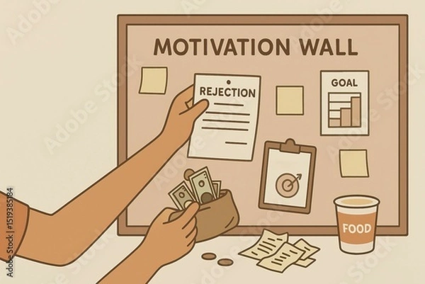 Fototapeta Student finance supports education through loans, grants, and aid. Motivation wall featuring rejection notice, financial goals, and coffee cup, symbolizing perseverance and ambition