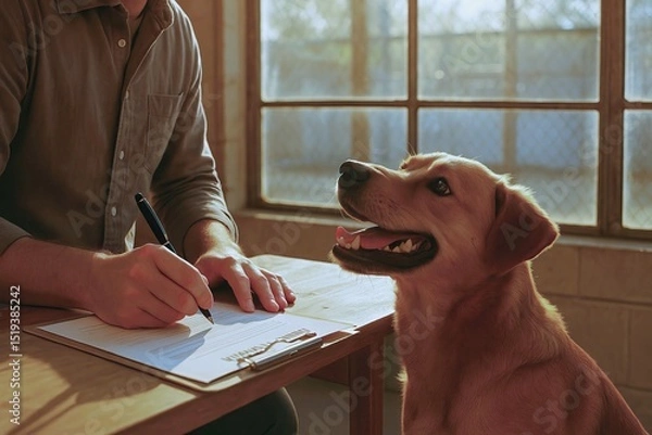Fototapeta Pet adoption begins with a shelter visit and application. Person is filling out adoption application for dog in warm, inviting shelter environment.
