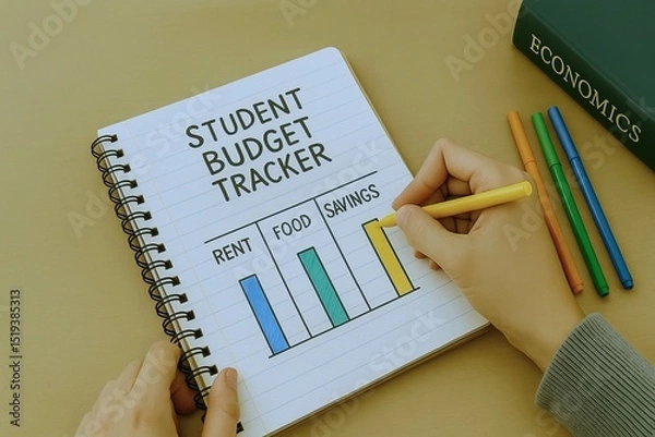 Fototapeta Student finance supports education through loans, grants, and aid. Student budget tracker with colorful bars for rent, food, and savings, showcasing financial planning for students