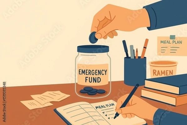 Fototapeta Student finance supports education through loans, grants, and aid. Person adds coins to jar labeled Emergency Fund while planning meals in notebook, reflecting financial responsibility and budgeting