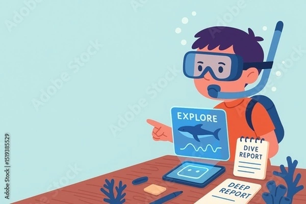 Fototapeta A virtual field trip offers immersive, educational experiences online. Child in snorkeling gear pointing at screen, excited about marine exploration. dive report and coral illustrations enhance scene