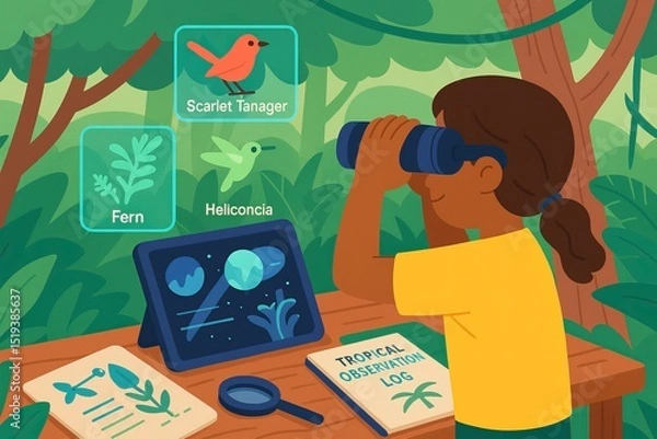 Fototapeta A virtual field trip offers immersive, educational experiences online. Exploring nature with binoculars, child observes wildlife and records findings in tropical observation log