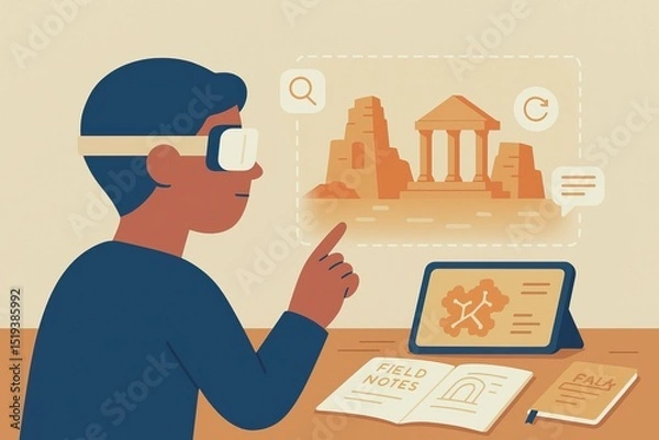 Fototapeta A virtual field trip offers immersive, educational experiences online. Virtual reality experience with person exploring ancient ruins, using tablet and taking field notes