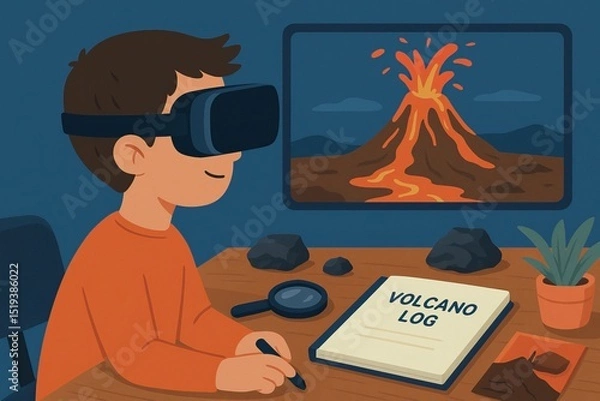 Fototapeta A virtual field trip offers immersive, educational experiences online. Child using virtual reality headset to explore volcanoes, engaged in learning and discovery, with volcano log on table