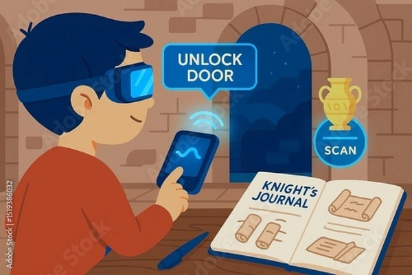 Fototapeta A virtual field trip offers immersive, educational experiences online. Unlock door to adventure with virtual field trip experience, featuring boy using augmented reality to explore medieval setting