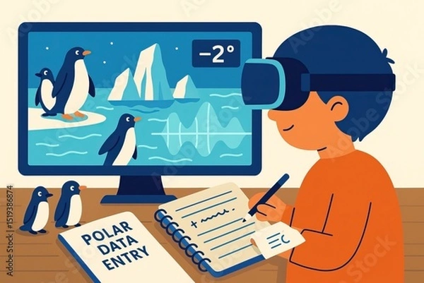 Fototapeta A virtual field trip offers immersive, educational experiences online. Child using virtual reality headset for polar data entry, observing penguins and icebergs on screen