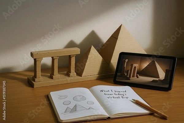 Fototapeta A virtual field trip offers immersive, educational experiences online. Cardboard pyramids and columns create unique learning environment, showcasing creativity and exploration in virtual education