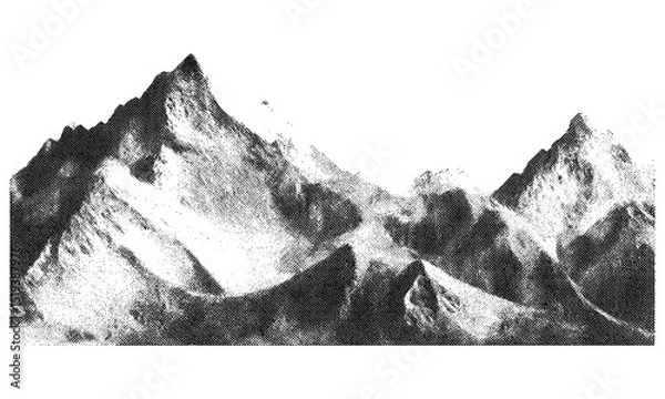 Obraz Stippled mountain range, abstract grunge texture, snowy hill chain, vintage photocopy effect, halftone pattern, grainy noise, retro style, vector illustration, nature landscape art.