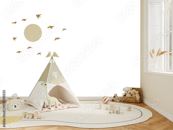 Fototapeta Playroom Wall PNG Mockup with Teepee Tent, Toys and Sun Decal – Transparent Wall for Poster or Sticker Art – 3D render