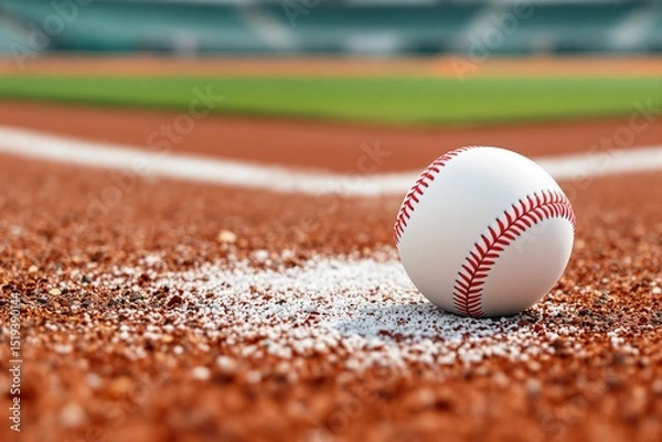 Fototapeta Close-up of a baseball on the infield dirt of a stadium.
