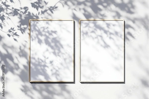 Fototapeta Blank poster frames on white wall with soft shadows of tree leaves.