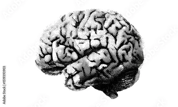 Obraz Brain with halftone stipple effect, grainy photocopy texture, grunge punk collage design, y2k style, experimental dotted retro banner, vector illustration, abstract art, edgy poster design.