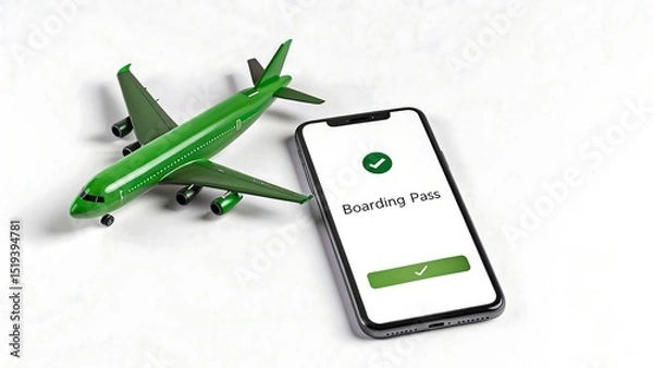 Fototapeta Green Airplane Next to Smartphone Displaying Digital Boarding Pass for Modern Air Travel Concept
