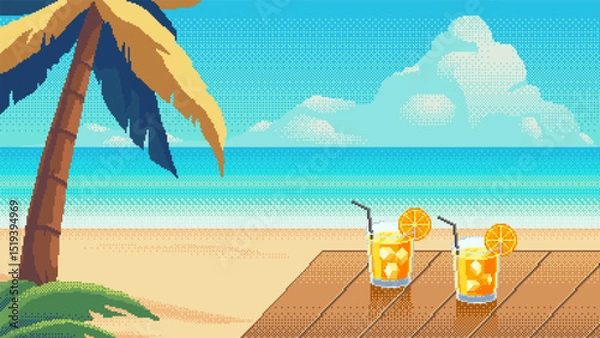 Fototapeta Two summer cocktails with orange slices on a beach table. Pixel art tropical seaside landscape with palm tree and ocean view under blue sky with clouds.