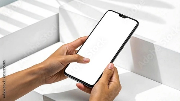 Fototapeta Woman holding smartphone with blank white screen for app or website presentation on modern white background
