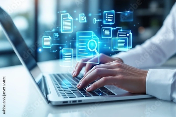 Fototapeta Digital data management concept with hands typing on a laptop.