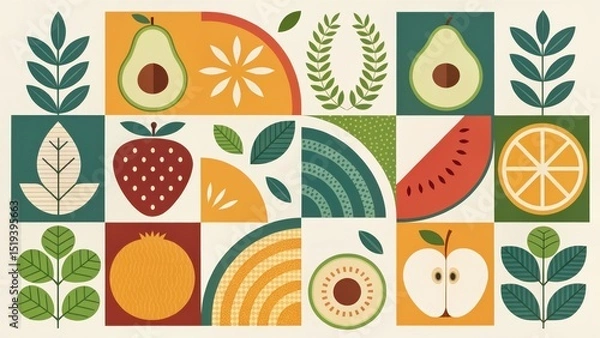 Obraz Colorful Illustrations of Fruits and Leaves in a Geometric Pattern and Modern Design