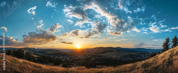 Obraz Blue sky with white clouds, clear sky, sunset, panoramic view, landscape photography, ultra-high definition, wide-angle lens, blue and white color scheme, golden light.