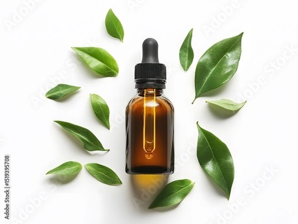 Fototapeta A brown glass bottle with a dropper surrounded by green leaves on a white background in a flat lay style