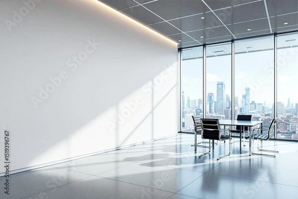 Fototapeta Modern office interior with empty white wall and meeting table near panoramic windows.