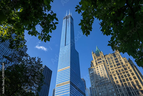 Obraz Blue sky, tall buildings, cityscape, view from the ground looking up at skyscrapers, glass buildings, office towers, business centers, urban architecture, professional photography.