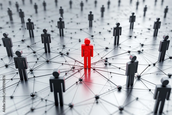 Fototapeta Red figure among black figures connected by lines, representing leadership, networking, or individuality in a business concept.