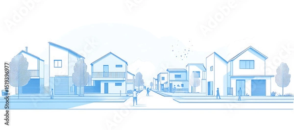Obraz Blue line art vector illustration of simple modern residential buildings with small houses and people walking on the street, simple lines, white background, minimalism, simple flat style.